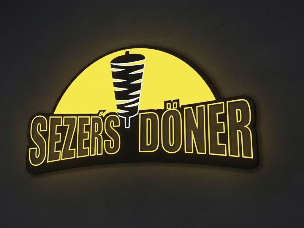 Computergenerierte Visualisierung des „Sezer's Döner"-Logos vor dunklem Studio-Hintergrund, zur Design-Abstimmung vor der Montage