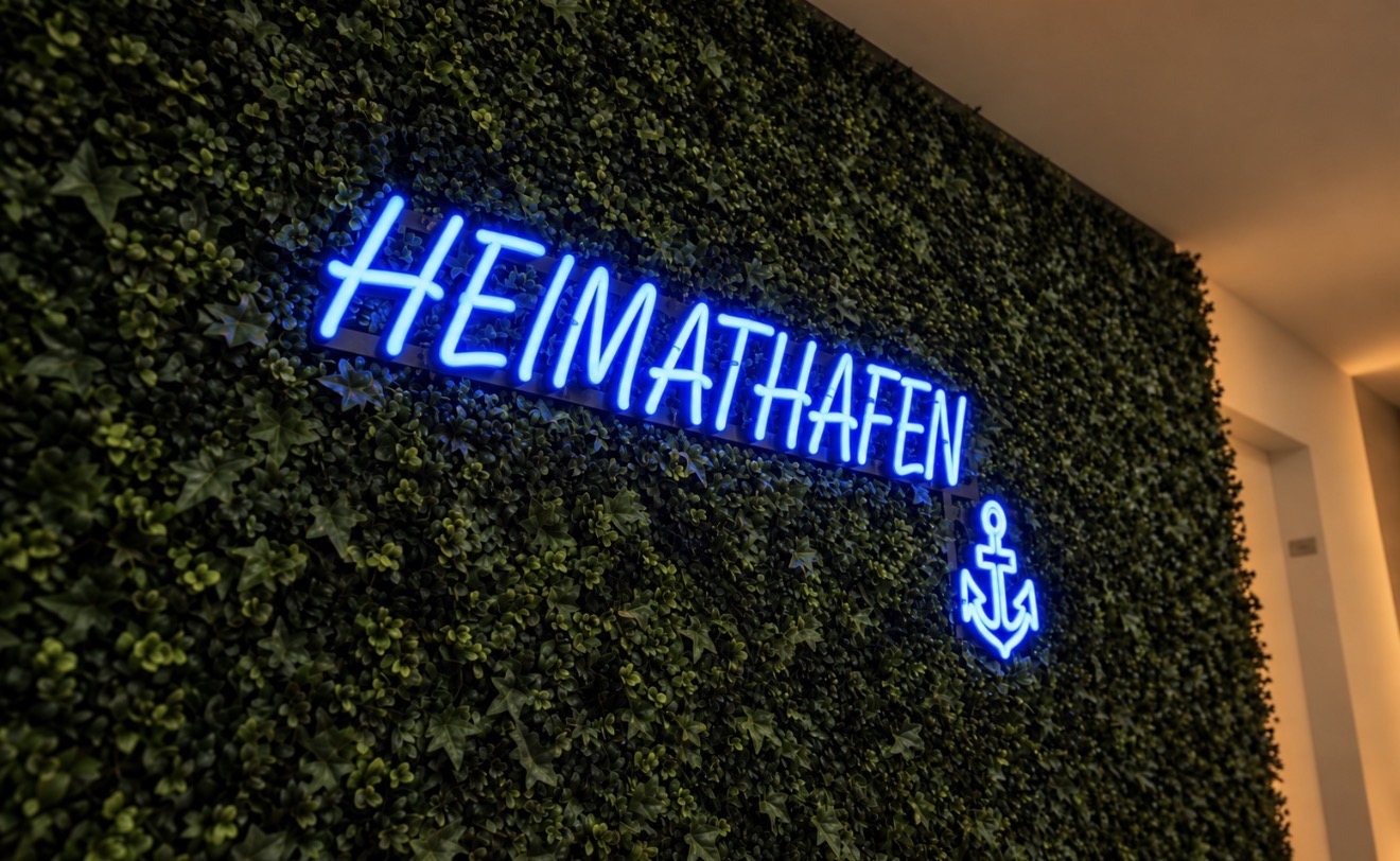 LED-Neon-Schild mit Schriftzug HEIMATHAFEN und Anker in Blau auf der Kunstpflanzenwand im Flur der Ärzteversorgung Westfalen-Lippe in Münster, gefertigt von Visuellewand