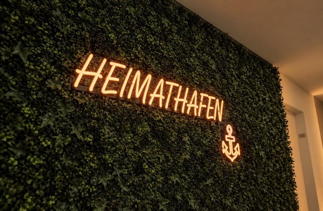 LED-Neon-Schild mit Schriftzug HEIMATHAFEN und Anker in Orange auf der Kunstpflanzenwand im Flur der Ärzteversorgung Westfalen-Lippe in Münster, gefertigt von Visuellewand
