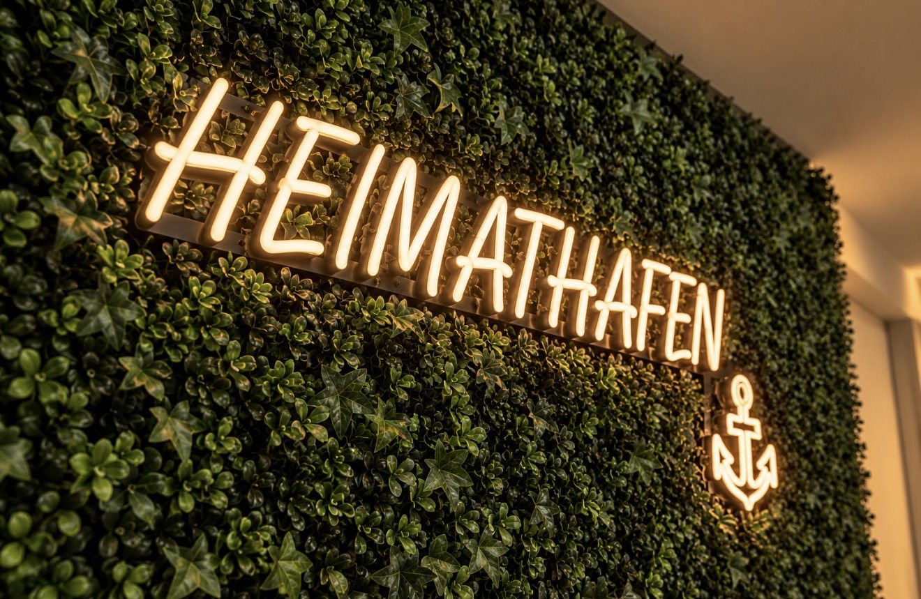 LED-Neon-Schild mit Schriftzug HEIMATHAFEN und Anker in Warmweiß auf der Kunstpflanzenwand im Flur der Ärzteversorgung Westfalen-Lippe in Münster (Nahaufnahme), gefertigt von Visuellewand