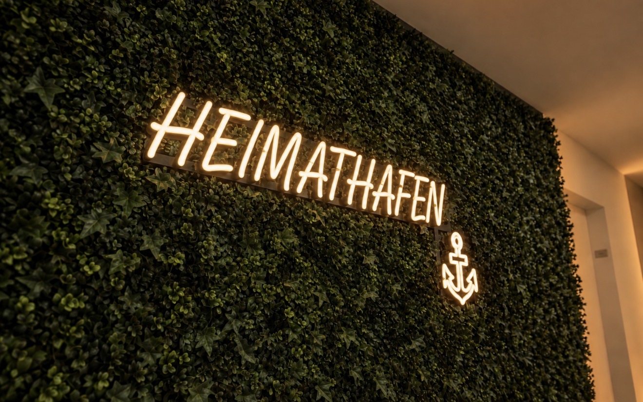 LED-Neon-Schild mit Schriftzug HEIMATHAFEN und Anker in Warmweiß auf der Kunstpflanzenwand im Flur der Ärzteversorgung Westfalen-Lippe in Münster, gefertigt von Visuellewand