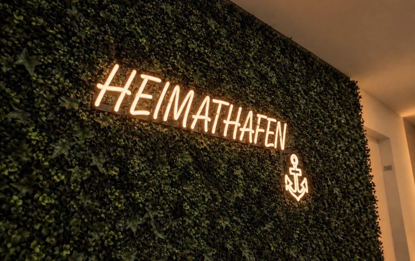 LED-Neon-Schild mit Schriftzug HEIMATHAFEN und Anker in Warmweiß auf der Kunstpflanzenwand im Flur der Ärzteversorgung Westfalen-Lippe in Münster, gefertigt von Visuellewand