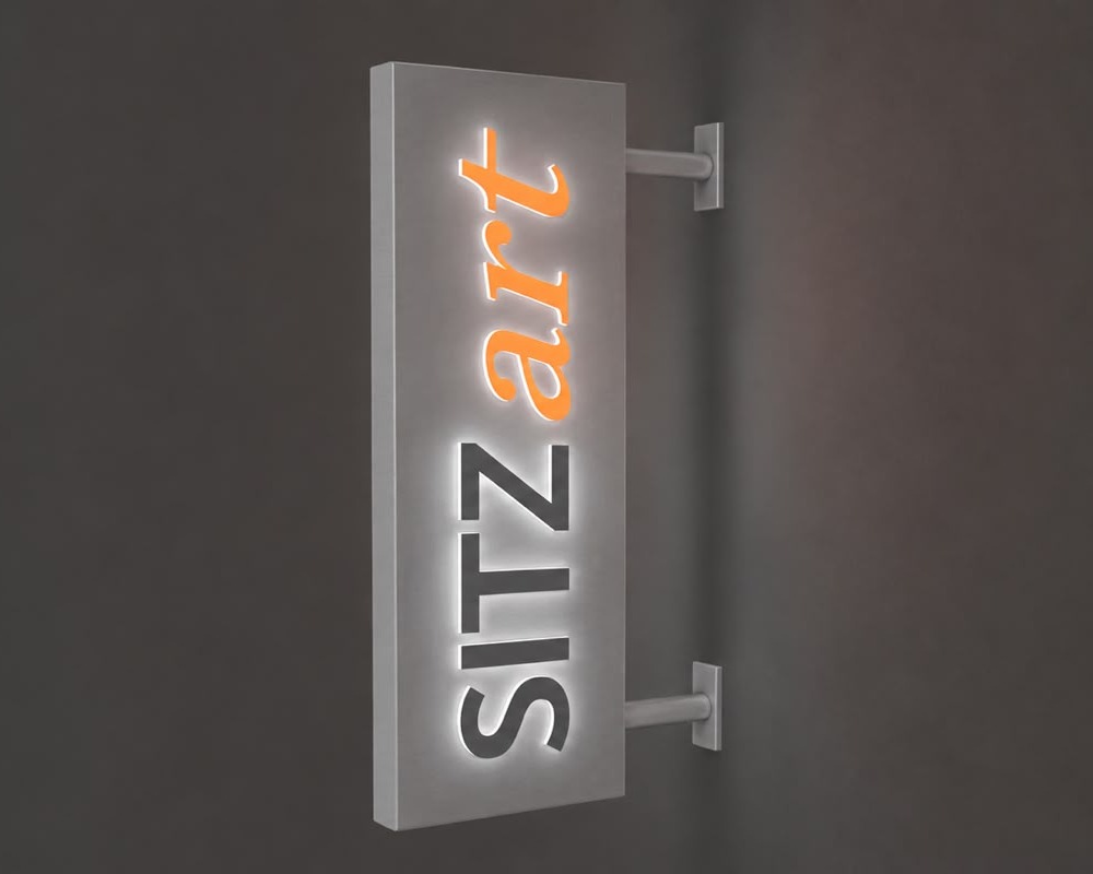 Nasenschild mit Rückleuchter-Buchstaben bei Nacht – Visualisierung von Visuellewand