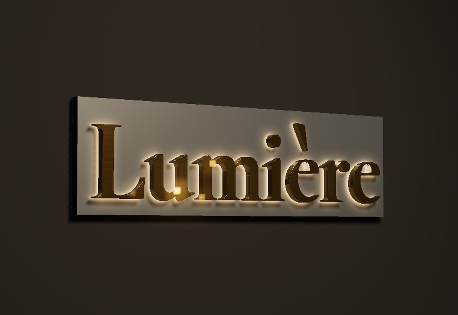 Rückleuchtende Buchstaben in Gold mit Lichtkranz – 3D-Visualisierung